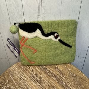 Felted Wool Green Wallet Pouch Black Stilt Bird Lover Makeup Bag New FAST SHIP